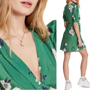 Free People St Patrick’s Day Neon Green Garden Day Floral Dress Retro Pinup Sz 8